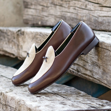 DapperFam Marcello in Ice / Dark Brown / Nude Men's Linen & Italian Leather Belgian Slipper