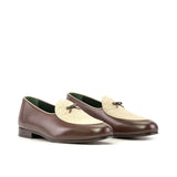 DapperFam Marcello in Ice / Dark Brown / Natural Men's Linen & Italian Leather Belgian Slipper