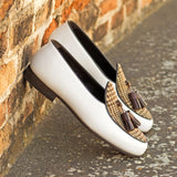 DapperFam Marcello in Tweed / Dark Brown / White Men's Sartorial & Italian Leather Belgian Slipper