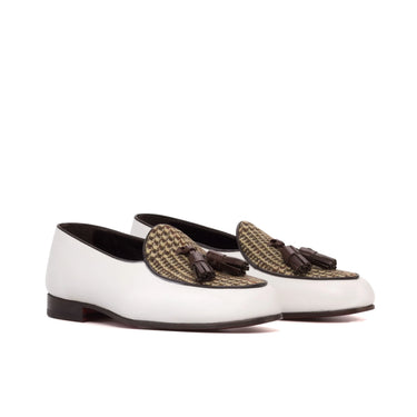 DapperFam Marcello in Tweed / Dark Brown / White Men's Sartorial & Italian Leather Belgian Slipper in Tweed / Dark Brown / White