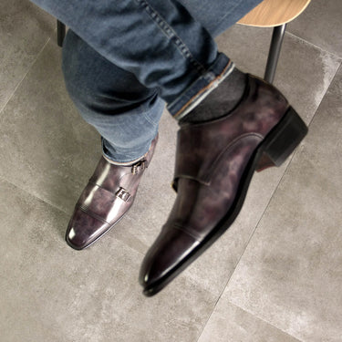 DapperFam Monaco in Aubergine Men's Hand-Painted Patina Double Monk