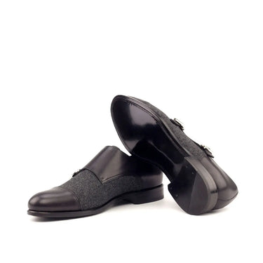 DapperFam Monaco in Black / Dark Grey Men's Flannel & Italian Leather Double Monk