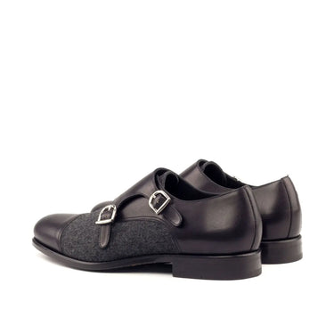 DapperFam Monaco in Black / Dark Grey Men's Flannel & Italian Leather Double Monk