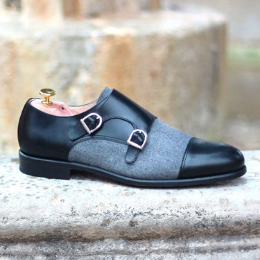 DapperFam Monaco in Black / Light Grey Men's Flannel & Italian Leather Double Monk in Black / Light Grey