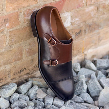DapperFam Monaco in Black / Med Brown Men's Italian Leather Double Monk in Black / Med Brown