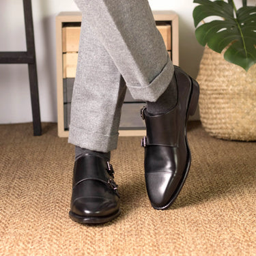 DapperFam Monaco in Black Men's Italian Leather Double Monk