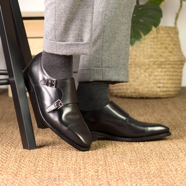 DapperFam Monaco in Black Men's Italian Leather Double Monk