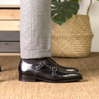 DapperFam Monaco in Black Men's Italian Leather Double Monk in Black