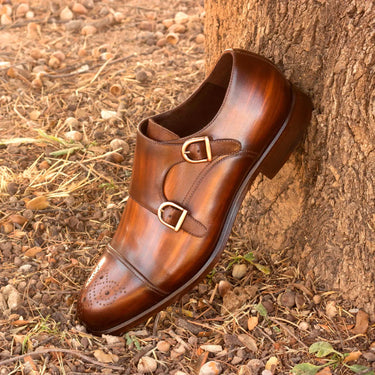 DapperFam Monaco in Brown Men's Hand-Painted Patina Double Monk