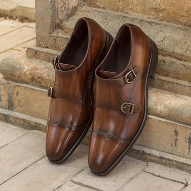 DapperFam Monaco in Brown Men's Hand-Painted Patina Double Monk in Brown