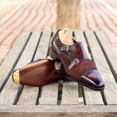 DapperFam Monaco in Burgundy Men's Lux Suede & Hand-Painted Patina Double Monk in #color_
