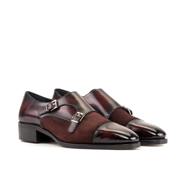 DapperFam Monaco in Burgundy Men's Lux Suede & Hand-Painted Patina Double Monk in Burgundy
