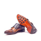DapperFam Monaco in Cognac / Grey / Denim Men's Hand-Painted Patina Double Monk