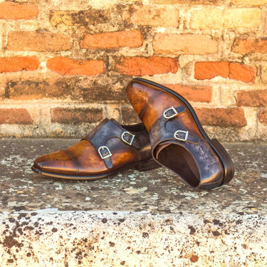 DapperFam Monaco in Cognac / Grey / Denim Men's Hand-Painted Patina Double Monk