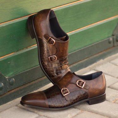 DapperFam Monaco in Dark Brown / Brown Men's Italian Croco Embossed Leather & Hand-Painted Patina Double Monk in Dark Brown / Brown