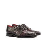 DapperFam Monaco in Dark Brown / Burgundy Men's Italian Croco Embossed Leather Double Monk in Dark Brown / Burgundy