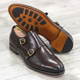 DapperFam Monaco in Dark Brown Men's Italian Leather Double Monk in Dark Brown
