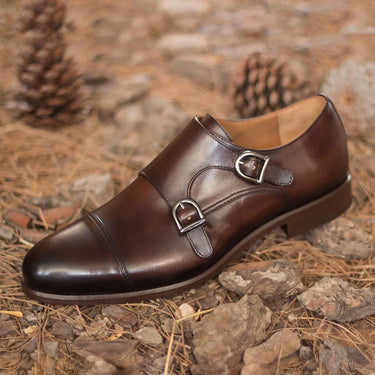 DapperFam Monaco in Dark Brown Men's Italian Leather Double Monk in Dark Brown