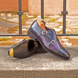 DapperFam Monaco in Denim / Purple Men's Hand-Painted Patina Double Monk