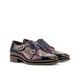 DapperFam Monaco in Denim / Purple Men's Hand-Painted Patina Double Monk in Denim / Purple