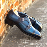 DapperFam Monaco in Denim Men's Hand-Painted Patina Double Monk — Style 4702