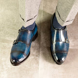 DapperFam Monaco in Denim Men's Hand-Painted Patina Double Monk