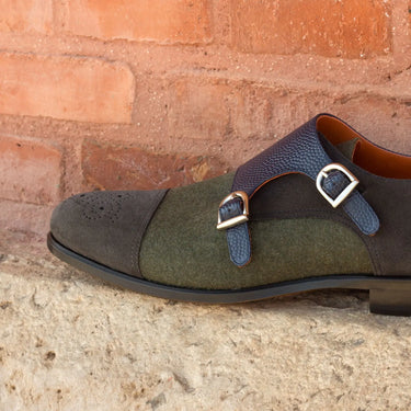 DapperFam Monaco in Green / Grey / Navy Men's Flannel & Lux Suede & Italian Pebble Grain Leather Double Monk