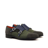 DapperFam Monaco in Green / Grey / Navy Men's Flannel & Lux Suede & Italian Pebble Grain Leather Double Monk in Green / Grey / Navy