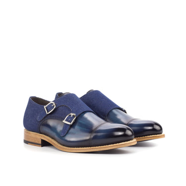 DapperFam Monaco in Jeans / Denim Men's Sartorial & Hand-Painted Patina Double Monk in Jeans / Denim