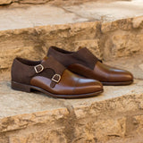 DapperFam Monaco in Med Brown / Brown Men's Italian Leather & Italian Suede Double Monk in Med Brown / Brown