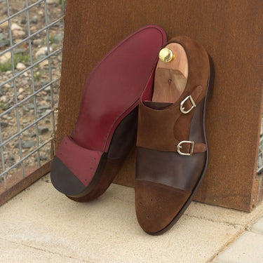 DapperFam Monaco in Med Brown / Dark Brown Men's Lux Suede & Italian Leather Double Monk
