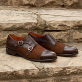 DapperFam Monaco in Med Brown / Dark Brown Men's Lux Suede & Italian Leather Double Monk in Med Brown / Dark Brown