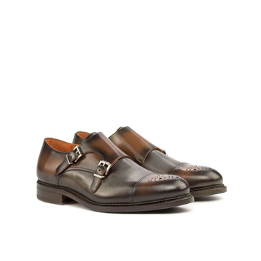 DapperFam Monaco in Med Brown / Grey Men's Italian Leather Double Monk in Med Brown / Grey