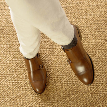 DapperFam Monaco in Med Brown Men's Italian Leather Double Monk