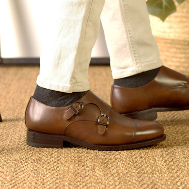 DapperFam Monaco in Med Brown Men's Italian Leather Double Monk