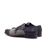 DapperFam Monaco in Navy / Light Grey Men's Flannel & Italian Pebble Grain Leather Double Monk
