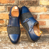 DapperFam Monaco in Navy / Nailhead / Grey Men's Sartorial & Lux Suede & Italian Leather Double Monk