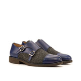 DapperFam Monaco in Navy / Nailhead / Grey Men's Sartorial & Lux Suede & Italian Leather Double Monk in Navy / Nailhead / Grey