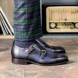 DapperFam Monaco in Navy Men's Italian Leather Double Monk