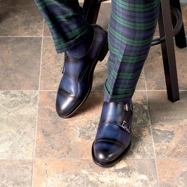 DapperFam Monaco in Navy Men's Italian Leather Double Monk