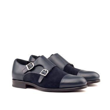 DapperFam Monaco in Navy Men's Italian Leather & Lux Suede Double Monk in Navy