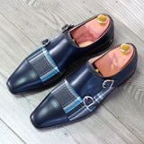 DapperFam Monaco in Plaid / Navy Men's Sartorial & Italian Leather Double Monk in Plaid / Navy