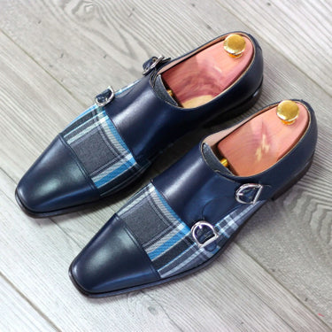 DapperFam Monaco in Plaid / Navy Men's Sartorial & Italian Leather Double Monk in Plaid / Navy