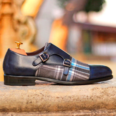 DapperFam Monaco in Plaid / Navy Men's Sartorial & Italian Leather Double Monk in Plaid / Navy