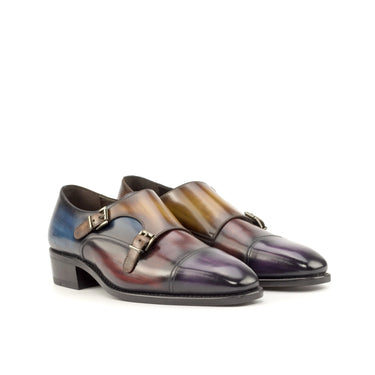 DapperFam Monaco in Purple / Burgundy / Denim / Cognac Men's Hand-Painted Patina Double Monk in Purple / Burgundy / Denim / Cognac