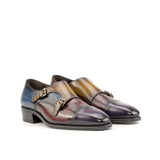 DapperFam Monaco in Purple / Burgundy / Denim / Cognac Men's Hand-Painted Patina Double Monk