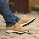 DapperFam Monaco in Sand Men's Lux Suede Double Monk in Sand