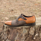 DapperFam Monaco in Tweed / Cognac / Dark Brown Men's Sartorial & Italian Leather Double Monk