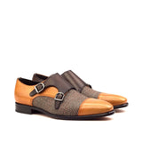 DapperFam Monaco in Tweed / Cognac / Dark Brown Men's Sartorial & Italian Leather Double Monk in Tweed / Cognac / Dark Brown