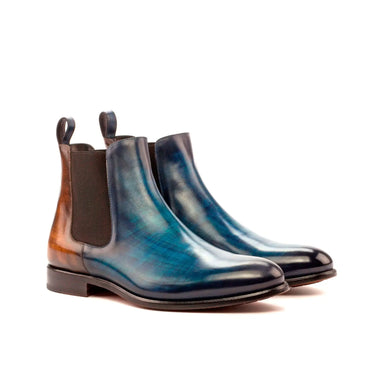 DapperFam Monza in Denim / Brown Men's Hand-Painted Patina Chelsea Boot in Denim / Brown